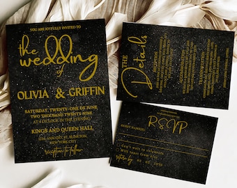 May include: Elegant wedding invitation suite with a black background and gold lettering. The suite includes an invitation, details card, and RSVP card. The invitation reads "the wedding of Olivia & Griffin".