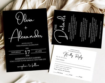 Modern Wedding Invitation Template Simple Minimalist Wedding Invitation Suite Digital Black and White Wedding Invitation Card Set RSVP Card