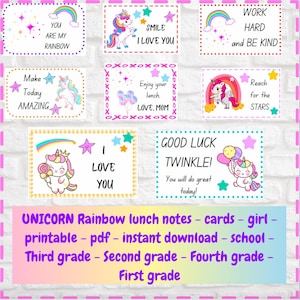 Note motivazionali per il pranzo a tema unicorno, graziosi biglietti stampabili per bambini della scuola materna, 1a, 2a, 3a elementare / Note per il pranzo della scuola, download immediato