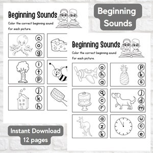 Hojas de trabajo de sonidos iniciales para niños Hojas de trabajo fonéticas divertidas para sonidos de letras Actividades de aprendizaje de 1.er grado Práctica de fonética Alfabetización Preescolar