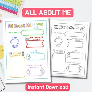 All About Me Worksheet for Kids, Fun First Day of School Icebreaker Template, Instant Download Activity Page, Preschool & 1stGrade Worksheet