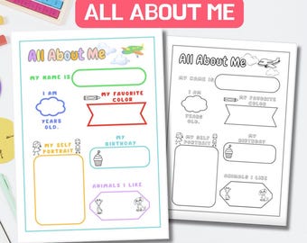 All About Me Worksheet for Kids, Fun First Day of School Icebreaker Template, Instant Download Activity Page, Preschool & 1stGrade Worksheet