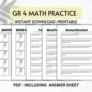 Math Problem Worksheet Bundle for Kids, Addition, Subtraction, Multiplication, Division & Fractions, Fun Practice, 3rd and 4th Graders
