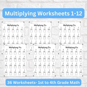 Multiplication Worksheets for Kids, 36 Pages of Math Practice,Times Table Worksheets for Easy Learning,Instant Download for Kids Math Skills