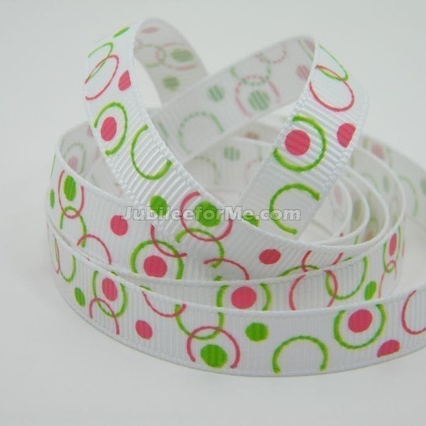 Last One Wholesale 5 yards of 3/8 Funky Circles and Dots White Lime Green and Hot Pink Grosgrain Ribbon