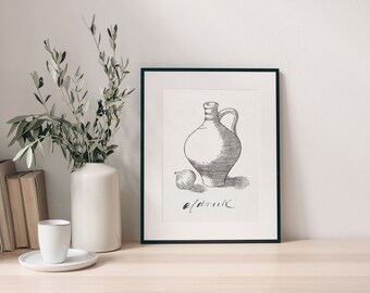 Kruik en ui-Stilleven-Zwart-wit-Digitale download-Vintage Art Poster-Home Wall Decor-Keuken Wall Art-Afdrukbare Art-Hugis Studio