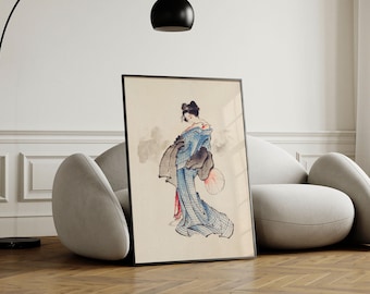 Japan-Japanse-vrouw-portret- Katsushika Hokusai-Kimono-Fan-Ukyio-e style-Illustration-Vintage Art-Wall Decor-Digitale prints-Hugis Studio