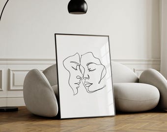 Monoline paar-zwart-wit-liefde-digitale download-illustratie-kunstposter-Home Wall Decor-digitale muurkunst-afdrukbaar-Hugis Studio