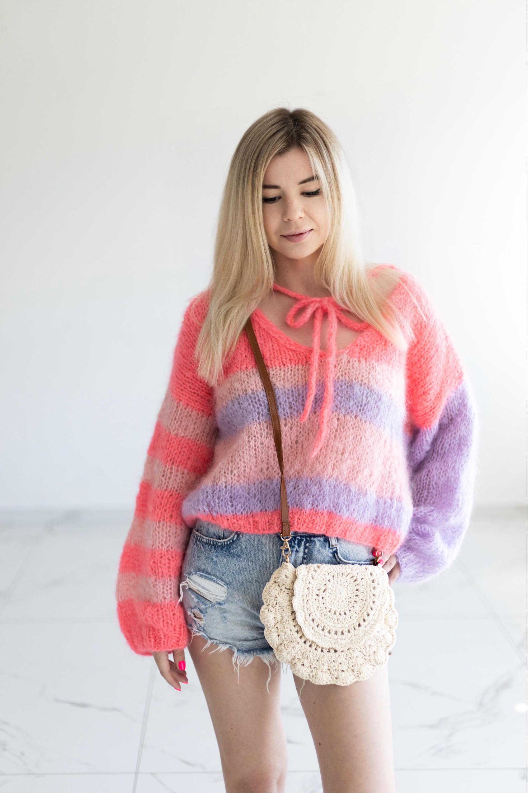 Vibrant Rainbow Mohair Sweater & Crochet Bag Set - Chunky Knit Balloon Sleeve Pullover + Boho Handbag