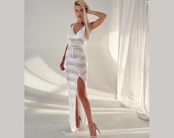 Ethereal Crochet Honeymoon Gown: Sheer Knit High Slit Dress for Beach Elopement, Civil Ceremony & Romantic Bridal Moments