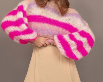 Bright Multicolor Mohair Chunky Knit Jumper Fluffy Balloon Sleeve Sweater Cozy Statement Streetwear