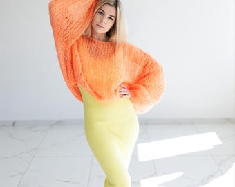 Vibrant Orange Mohair Cropped Sweater & Yellow Cotton Tank Dress Set: Romantic Streetwear for Date Night