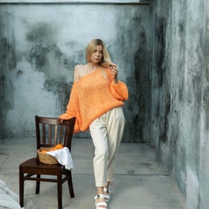 Vibrant Orange Mohair Cropped Sweater - Knit Summer Pullover with Balloon Sleeves, Cozy Loose Jumper for Bold Romantic Looks