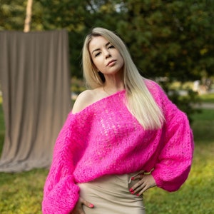 Sheer Pink Fishnet Crop Sweater: Romantic Mohair Mesh Knit Pullover with Balloon Sleeves for Women