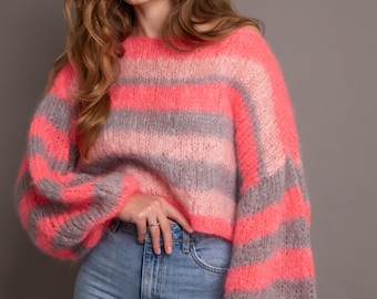 Statement Striped Mohair Sweater Chunky Handknit Pullover Balloon Sleeves Modern Boho Streetwear Knit Fashion