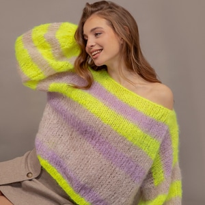 Mohair Sweater: Chunky Knit Balloon Sleeve Pullover – Cozy Colorful Fluffy Jumper in Neon Yellow, Sand, and Mauve Tones