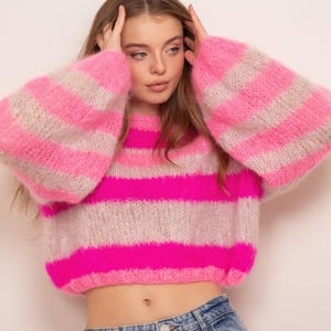 Rainbow Mohair Pullover: Chunky Knit Balloon Sleeve Sweater – Fluffy Colorful Cropped Jumper, Multicolored Streetwear Statement