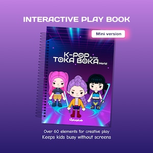 Könnte beinhalten: Ein interaktives Spielbuch mit Spiralbindung mit dem Titel "K-POP in the TOKA BOKA World" mit drei Cartoon-Charakteren auf dem Cover. Der Text "Mini version" ist zu sehen. Das Buch ist für kreatives Spielen konzipiert und beschäftigt Kinder ohne Bildschirme.