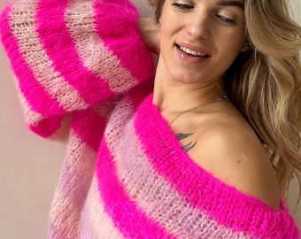 Colorful Mohair Sweater Chunky Handknit Pullover Balloon Sleeves Fluffy Boho Streetwear Jumper Knit
