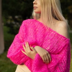 Romantic Sheer Pink Fishnet Crop Sweater: Mohair Mesh Knit Pullover with Balloon Sleeves for Women