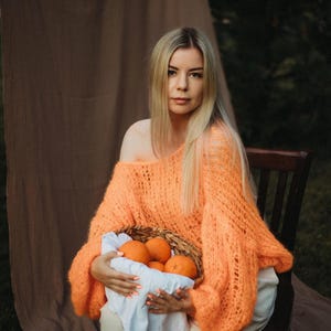 Vibrant Orange Mohair Cropped Sweater – Lightweight Fishnet Pullover with Balloon Sleeves, Slouchy Textured Boho Mesh Jumper