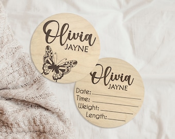 Signo de anuncio de bebé personalizado de mariposa, signo de nombre de hospital de estadísticas de nacimiento personalizado, signo de nombre de guardería, signo de nombre de bebé, anuncio de nacimiento
