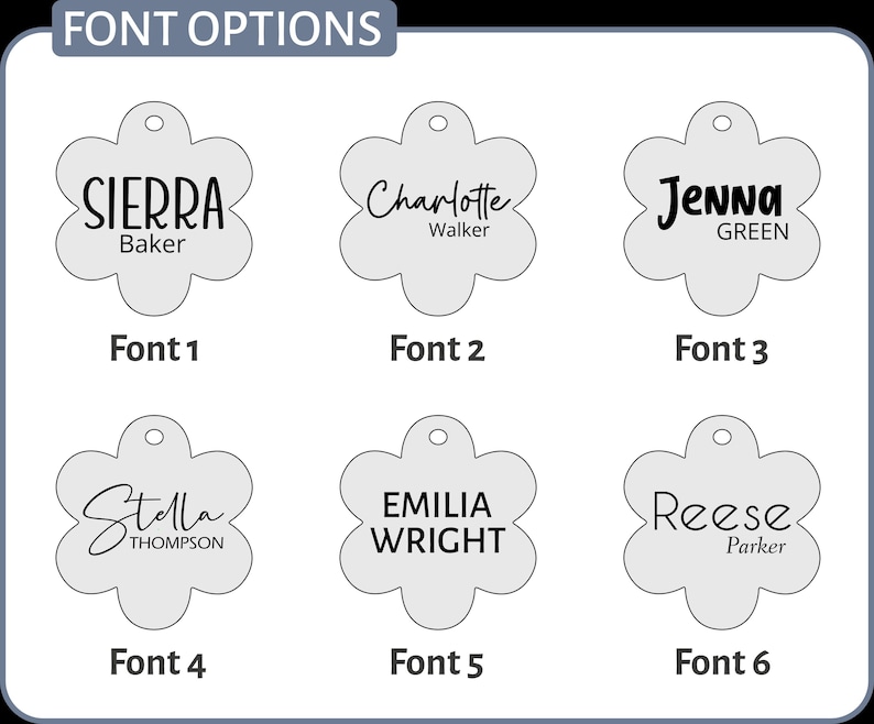 May include: Six different font options for a flower-shaped tag. Each tag has a different name and last name printed on it. The fonts are all in black.