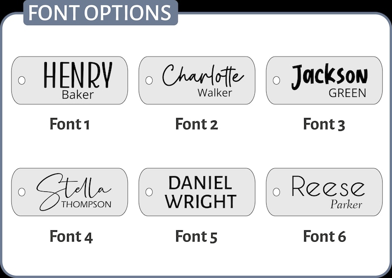 May include: Six different font options for a personalized name tag. The fonts are displayed on a white background with a black circle and a black outline. The fonts are labeled with numbers 1 through 6.
