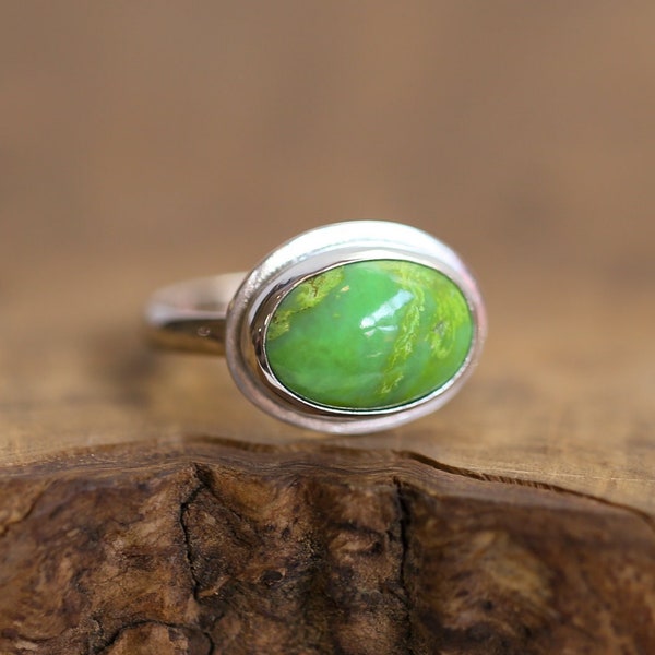 Green American Turquoise Ring - East West Turquoise Ring - Lime Green Turquoise - Sterling Silver Ring - OOAK