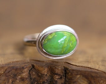 Green American Turquoise Ring - East West Turquoise Ring - Lime Green Turquoise - Sterling Silver Ring - OOAK