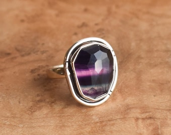 Chunky Rainbow Fluorite Boho Ring - .925 Sterling Silver - Silversmith Ring - Multi-color Fluorite