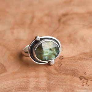 Orbits Ring - Rose Cut Labradorite Ring - .925 Sterling Silver - East West Oval Ring - Silversmith Ring