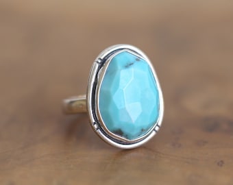 Ready to ship - OOAK - Size 7.5 - Turquoise Notched Boho Ring - .925 Sterling Silver