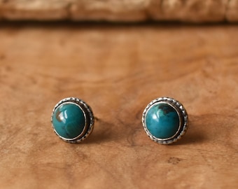 Chrysocolla Hammered Posts - Stud Earrings - Sterling Silver Posts -Chrysocolla Earrings