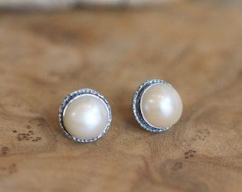 Freshwater Pearl Posts - Hammered Pearl Posts - .925 Sterling Silver - Mabe Pearl Earrings