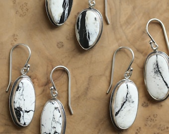 White Buffalo Drop Earrings - Nevada White Buffalo - Sterling Silver Earrings