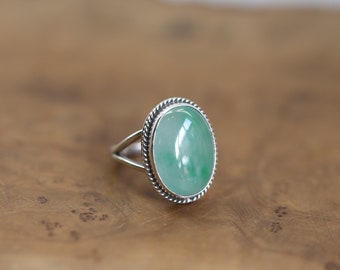 Green Jade Boho Ring - Natural Burma Jade - .925 Sterling Silver - Boho Style Ring