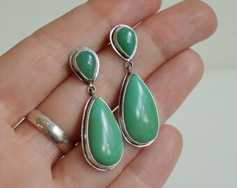 Chrysoprase Post Drop Earrings - Green Teardrop Dangles - 4 Stone Green Chrysoprase Silver Earrings