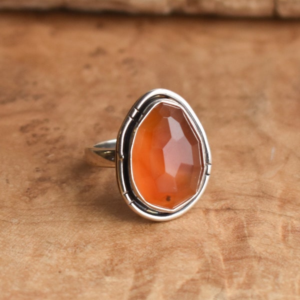 Chunky Boho Ring - Faceted Carnelian Ring - Carnelian Boho Ring - Silversmith Ring