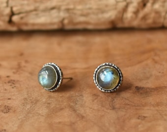 Hammered Labradorite Posts - Labradorite Earrings - Sterling Silver - 8mm Labradorite