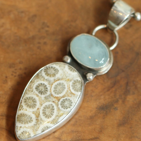 Aquamarine Fossil Pendant - Fossil Necklace - Aquamarine Pendant - Silversmith