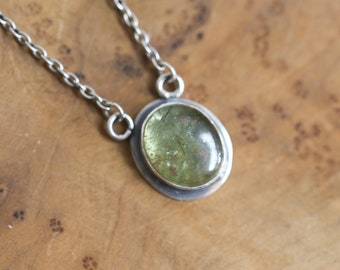 Cats Eye Apatite Necklace - Sterling Silver - North South Oval - Green Apatite Pendant