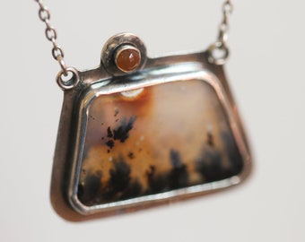 Ready to Ship - Dendritic Agate and Carnelian Necklace - .925 Sterling Silver Pendant - Dendritic Agate Pendant