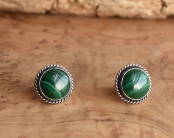 Traditional Posts - Green Malachite Posts - Malachite Earrings - .925 Sterling Silver - Big Malachite Posts