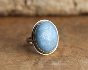 Aquamarine Gold Bezel Ring – Sterling Silver, Size 5 1/2