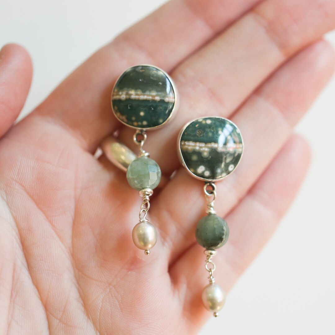 Ocean Jasper Posts With Jade and Peals - Silversmith Post Earrings ...