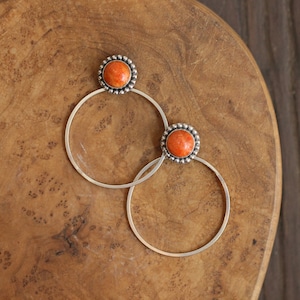 Sponge Coral Hoops - Red Coral Beaded Post Hoops - Silversmith Earrings