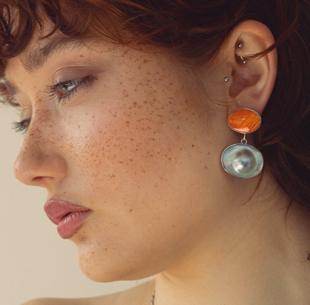 Sterling Silver Pearl & Orange Spiny Oyster Teardrop Earrings - 2 1/2 inch drop