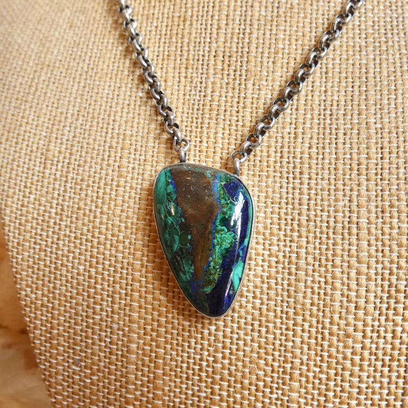 Azurite Malachite Pendant Necklace - Chunky Sterling Silver - Choose your Men's Necklace Necklace A