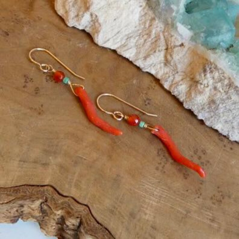 Mediterranean Coral Carnelian Turquoise Earrings - 14KT Gold Filled image 3